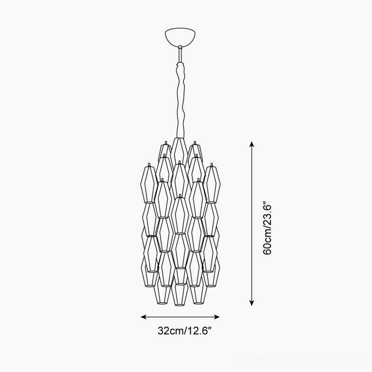 Velthra faceted glass pendant light technical dimension schematic showing 32cm diameter and 60cm height
