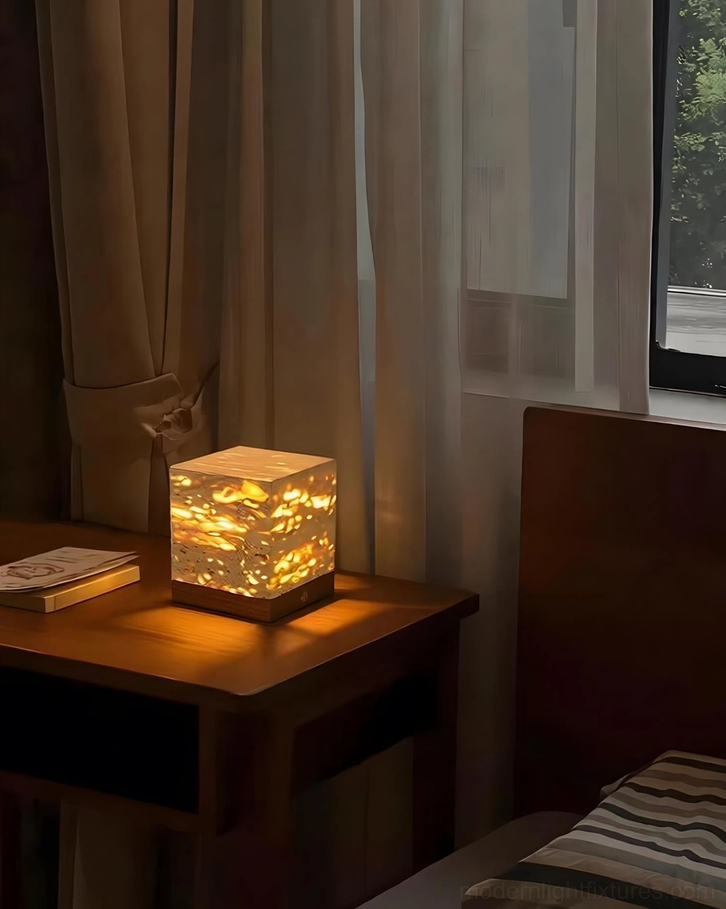 Minimalist travertine lamp bedside contemporary bedroom design soft glow
