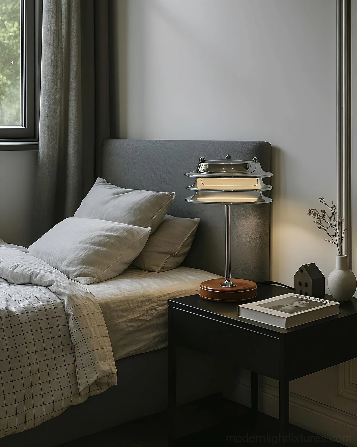 Modern tiered table lamp in bedroom with grey headboard and decorative bedside items