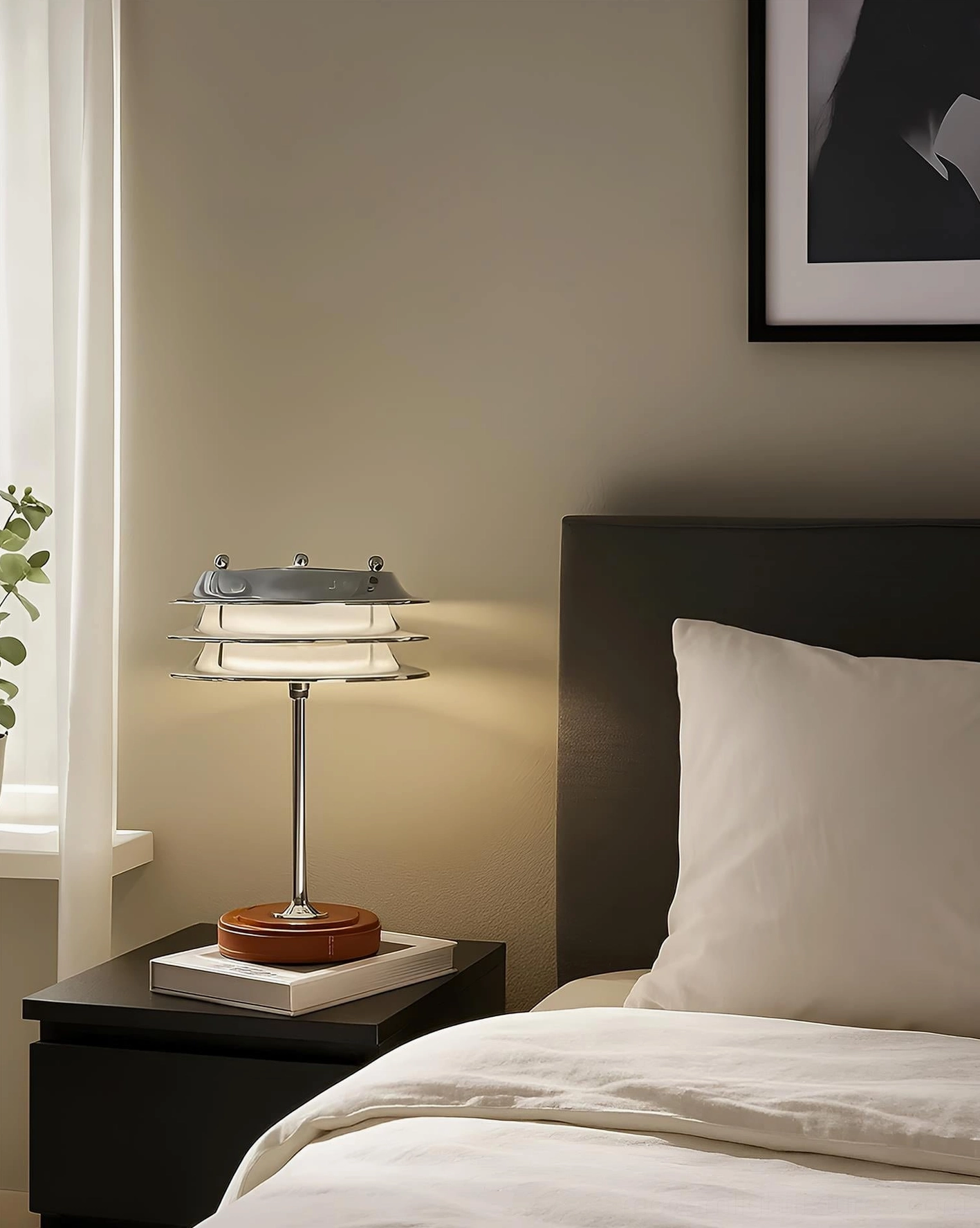 Veltrix tiered chrome lamp on white bedside table with neutral bedding and black nightstand
