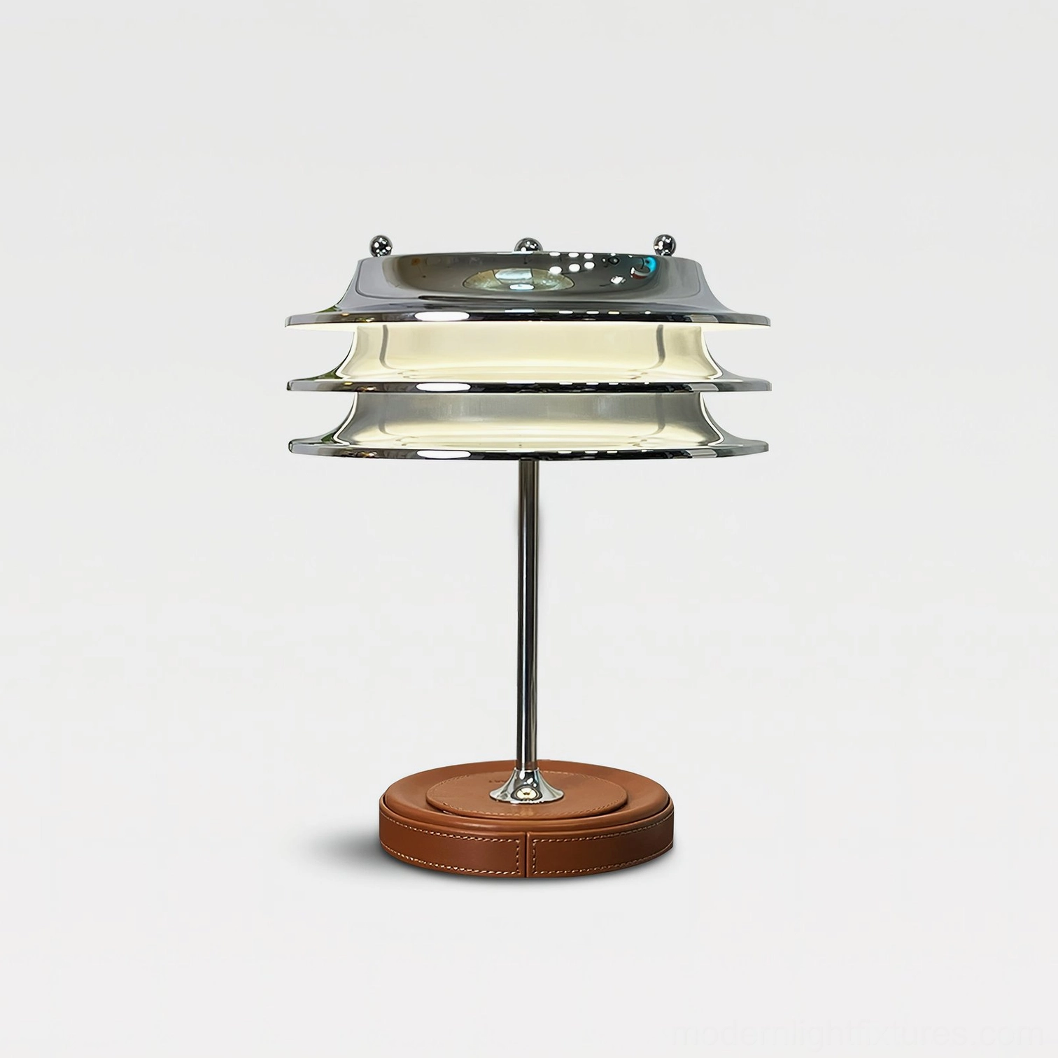 Mid-century modern tiered chrome table lamp front flat studio photography