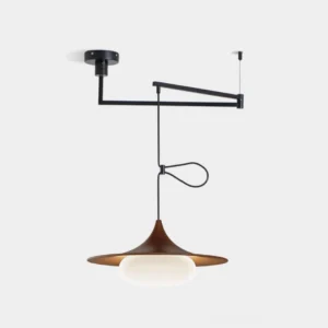 Veluna adjustable swing arm pendant light with matte black metal frame and brown frosted glass shade, studio product photography