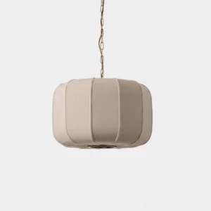 Velune lobed fabric pendant light studio product shot, front view, showing ribbed fabric shade with vertical grey piping and brass-tone chain