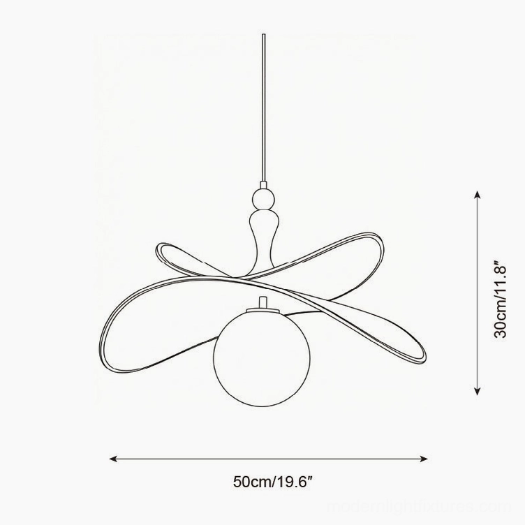 Velvet Bloom 50cm single-globe pendant lamp technical drawing specification with 30cm height, minimalist line art orthographic view