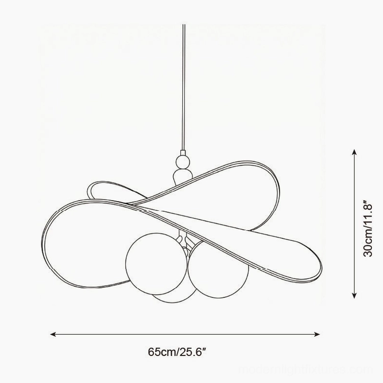 Velvet Bloom 65cm tri-globe pendant lamp schematic design with 30cm height and three spherical lights, minimalist technical line drawing