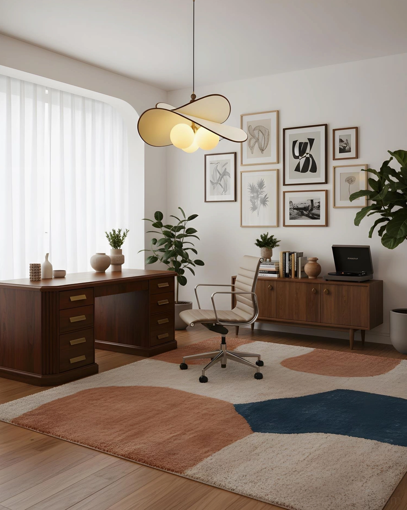 Velvet Bloom petal pendant lamp with warm neutral tones and mid-century modern aesthetic in home office study space, eye-level interior view