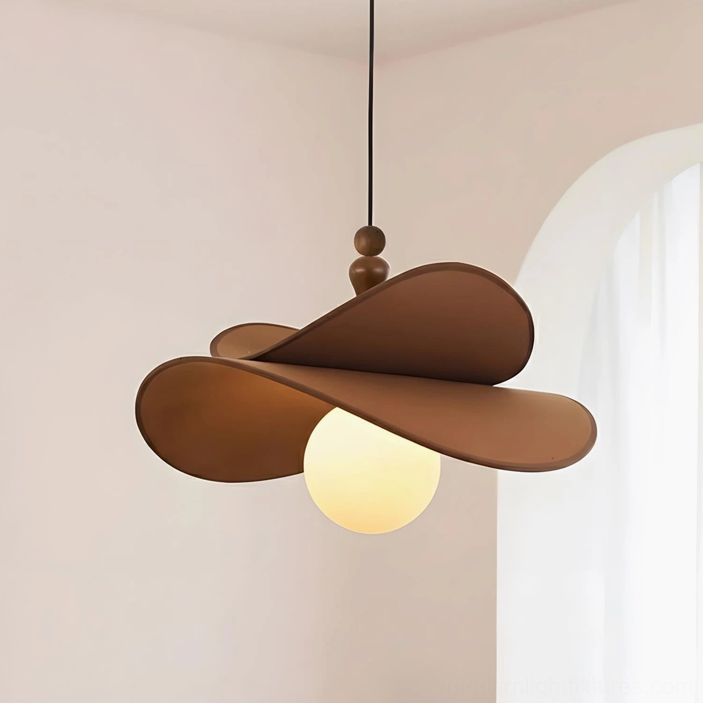 Velvet Bloom pendant light in cream and brown colorway with sculptural petal design and warm glass lights, modern hanging chandelier fixture