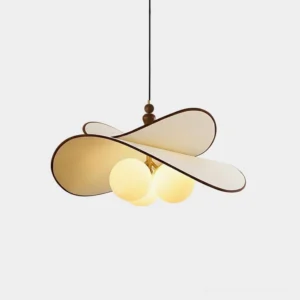 Velvet Bloom petal pendant light with cream fabric petals and brown wooden accents featuring dual warm glass globe lights, overhead close-up studio shot
