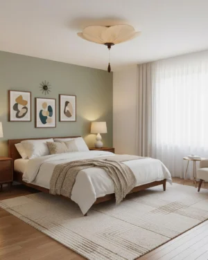 Modern velvet leaf fabric pendant light installed in mid-century master bedroom with sage green accent wall and wooden platform bed