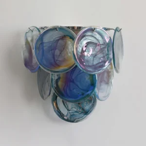 Iridescent blue-purple marbled glass wall lamp featuring layered disc design - contemporary artisanal romantic glam wall sconce