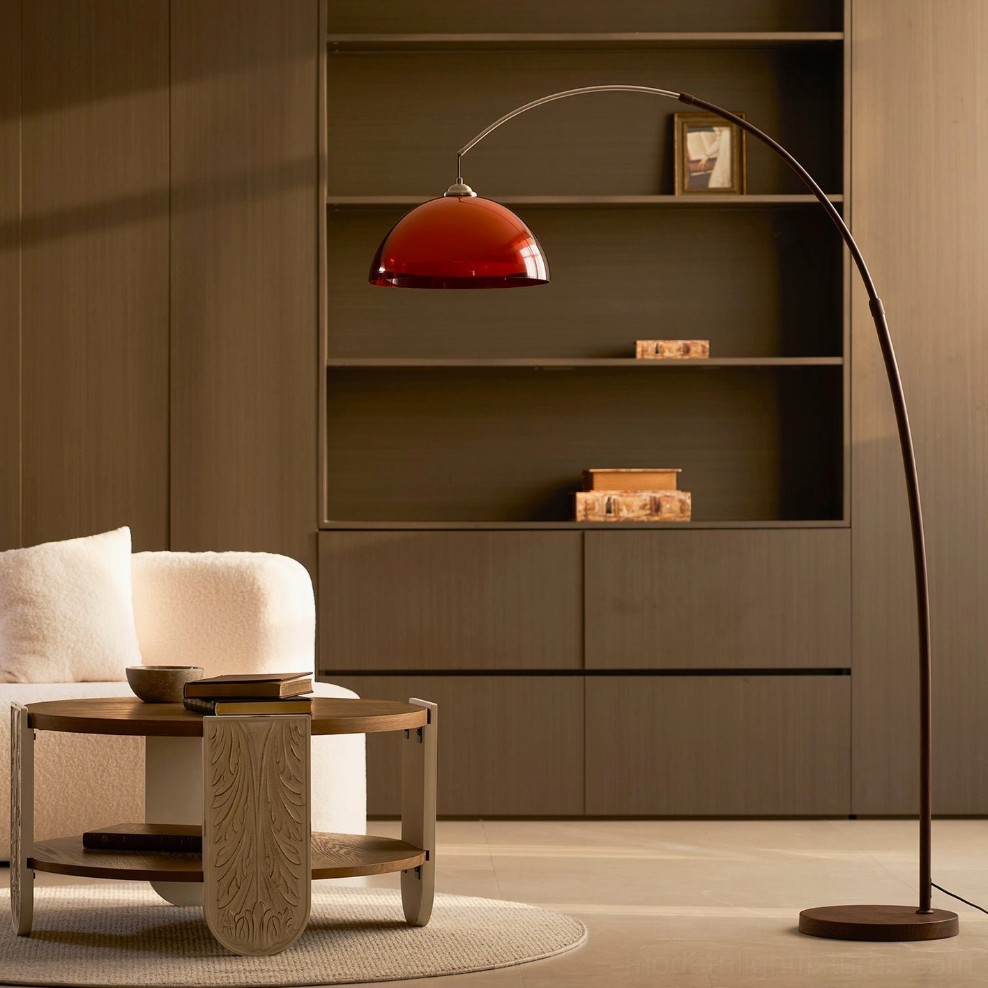 Ventoro arc floor lamp installed in designer living space demonstrating high-end residential application