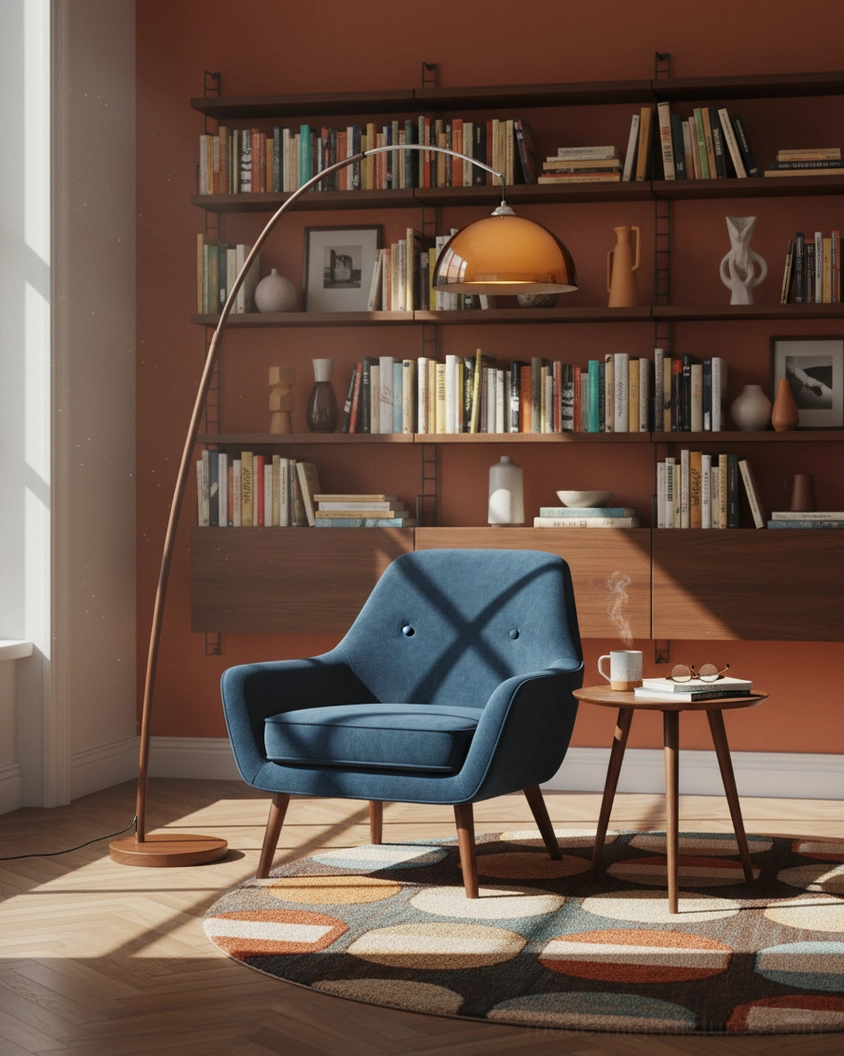 Ventoro floor lamp creating layered lighting in open-plan living area, warm glow complementing ceiling fixtures