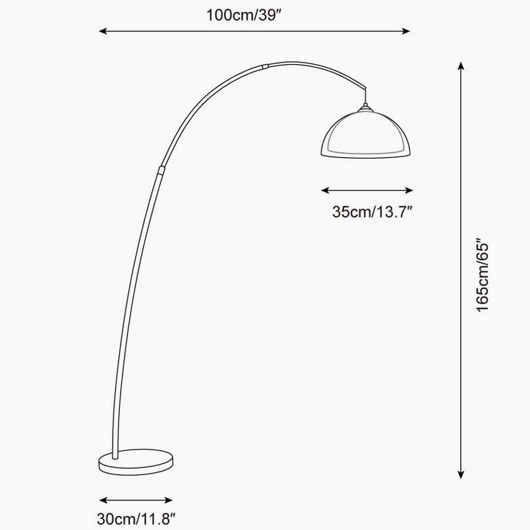 Ventoro arc floor lamp technical dimensions schematic, orthographic top and side view showing measurements and component layout