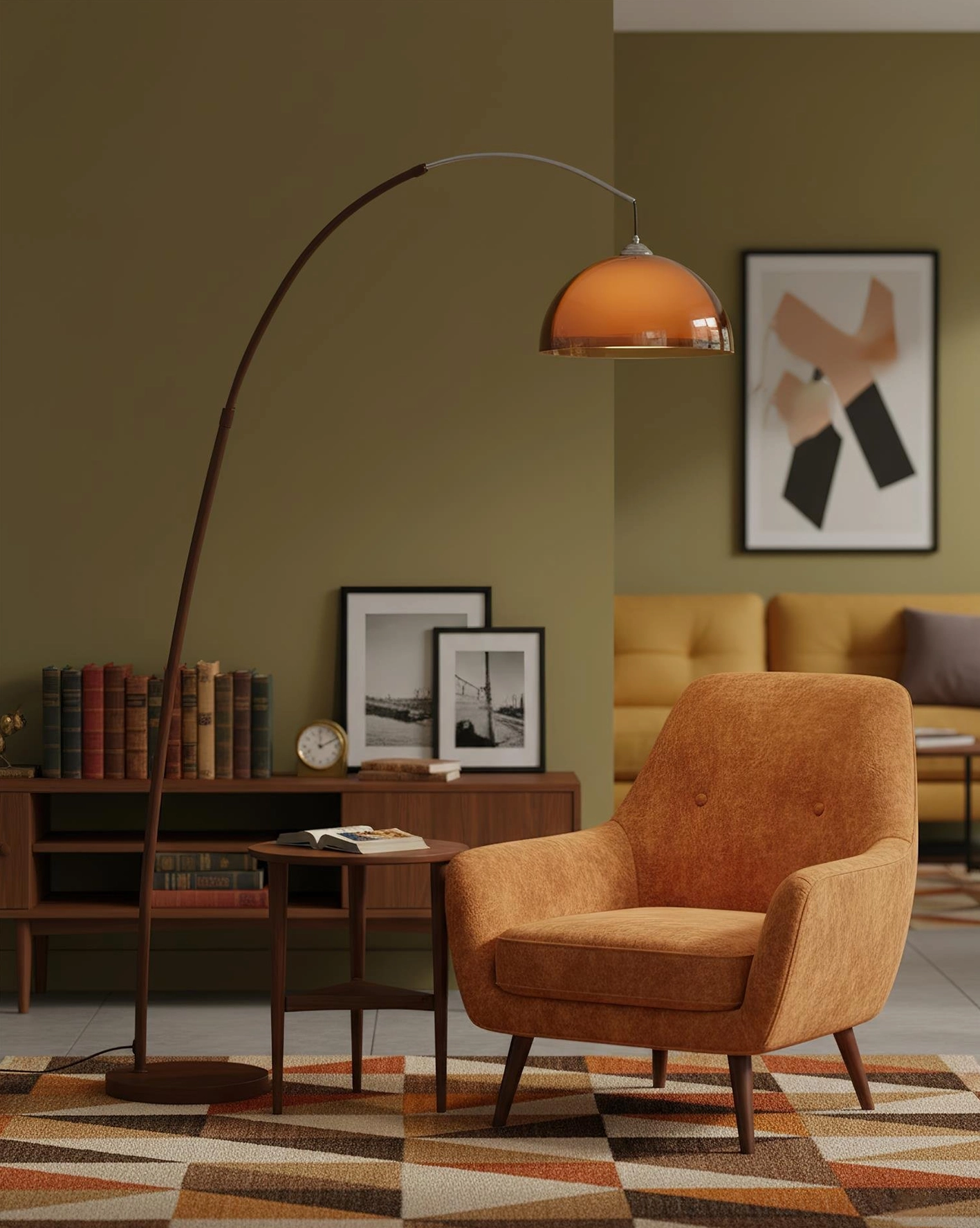 Ventoro arc floor lamp detail shot showing walnut frame finish, dome shade construction, and sculptural silhouette
