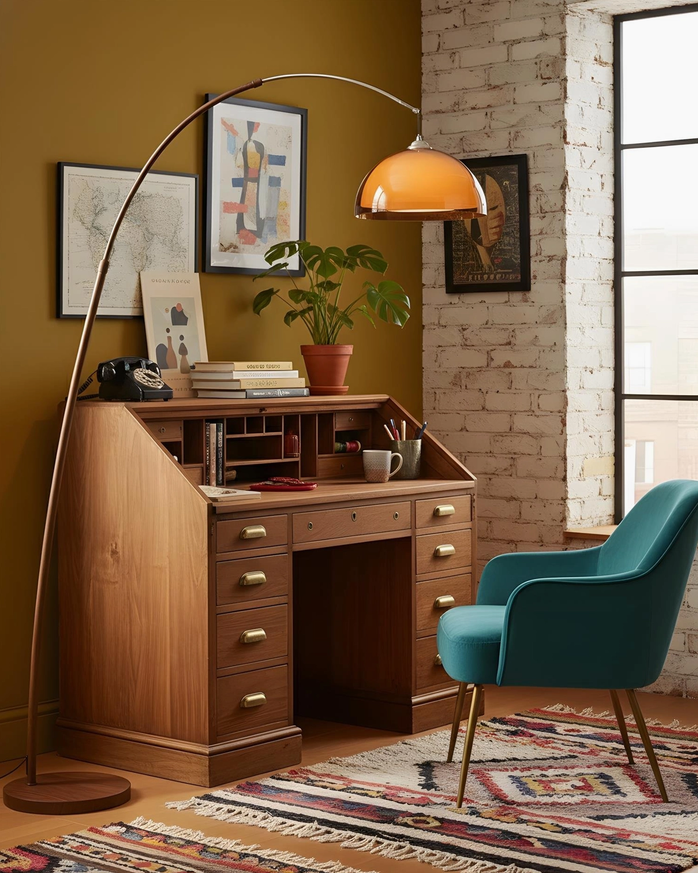 Ventoro arc floor lamp ambient lighting in living space creating warm intimate glow over reading area