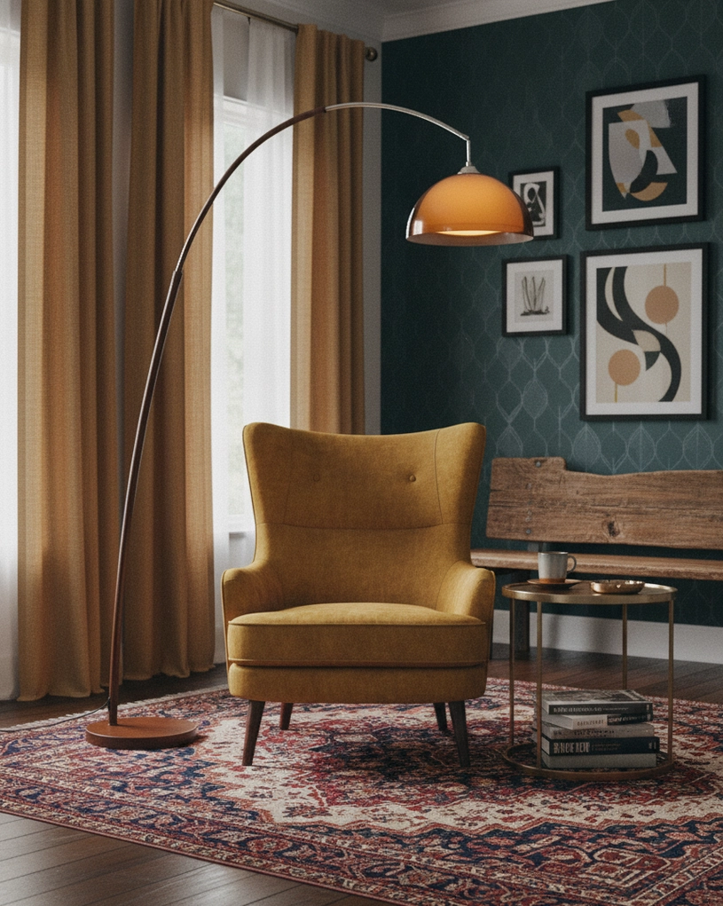Ventoro floor lamp ambient view in bedroom setting with bedding and decor, warm intimate evening lighting