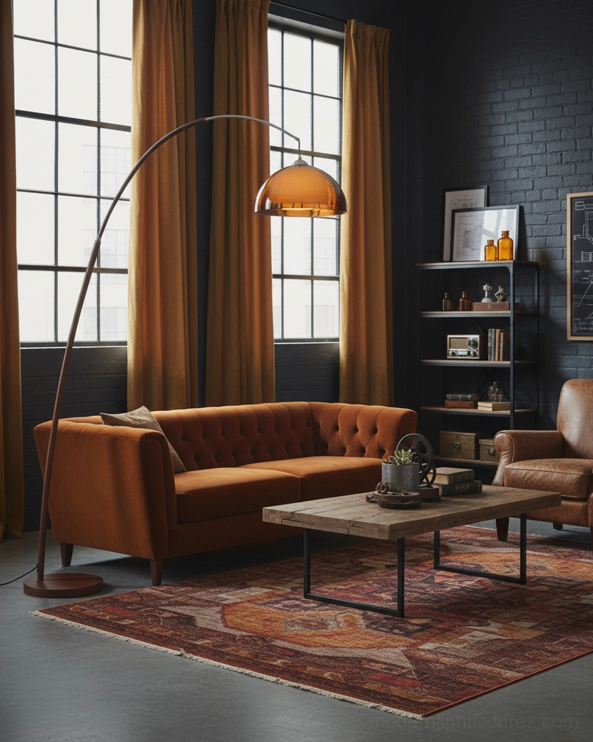 Ventoro arc floor lamp in bright daylight setting showing walnut and amber color options comparison