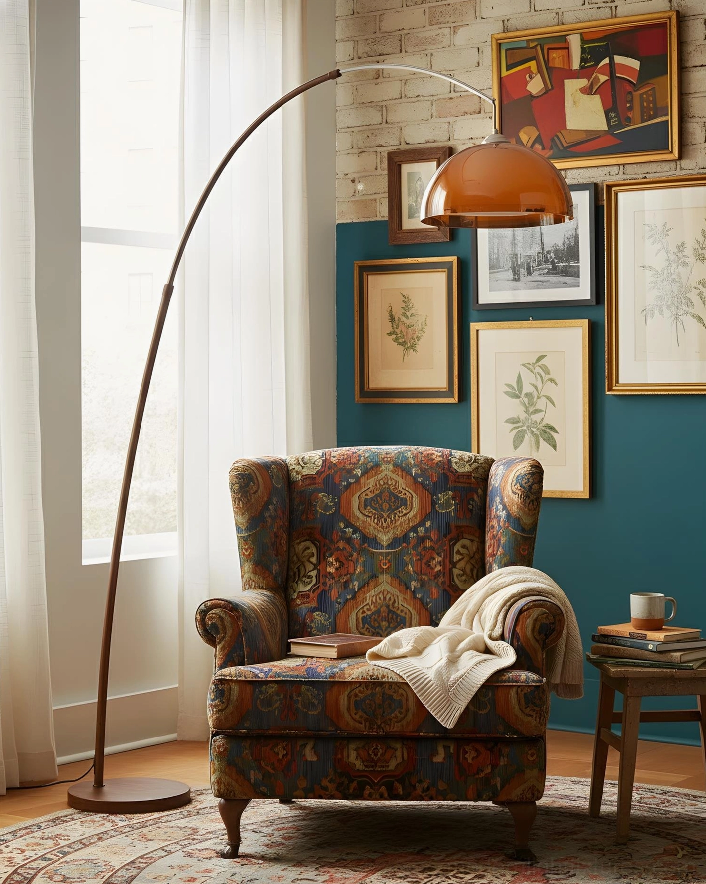 Ventoro floor lamp with brown metal frame and amber dome shade in cozy boho-retro living room with patterned vintage armchair
