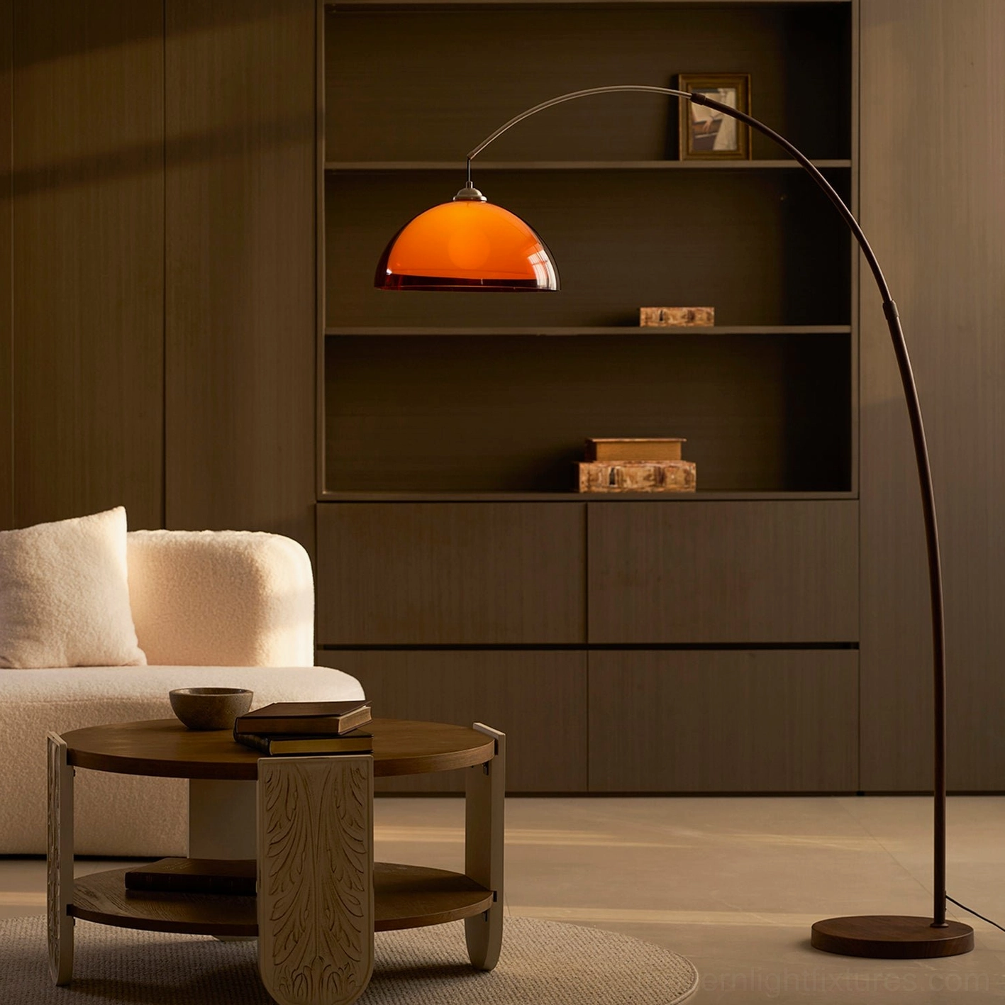 Ventoro floor lamp detail of acrylic dome shade and metal frame joinery with amber warm tone