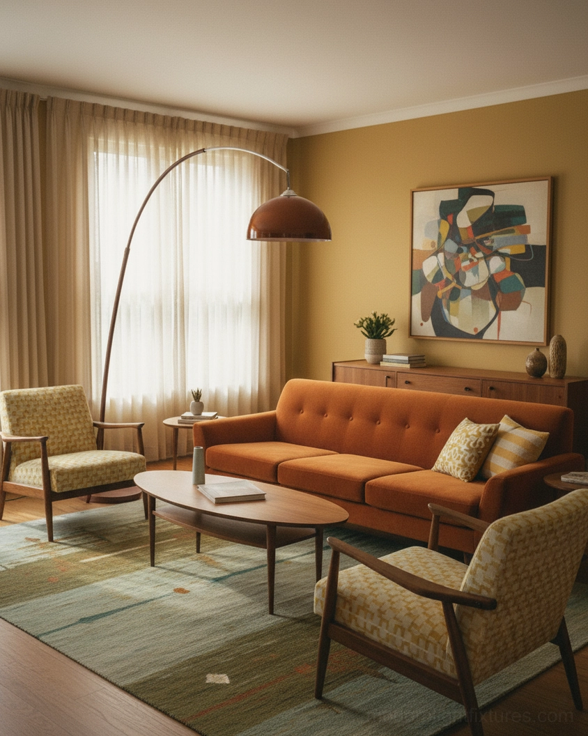 Ventoro arc floor lamp next to sofa in residential interior, demonstrating focused directed illumination technique