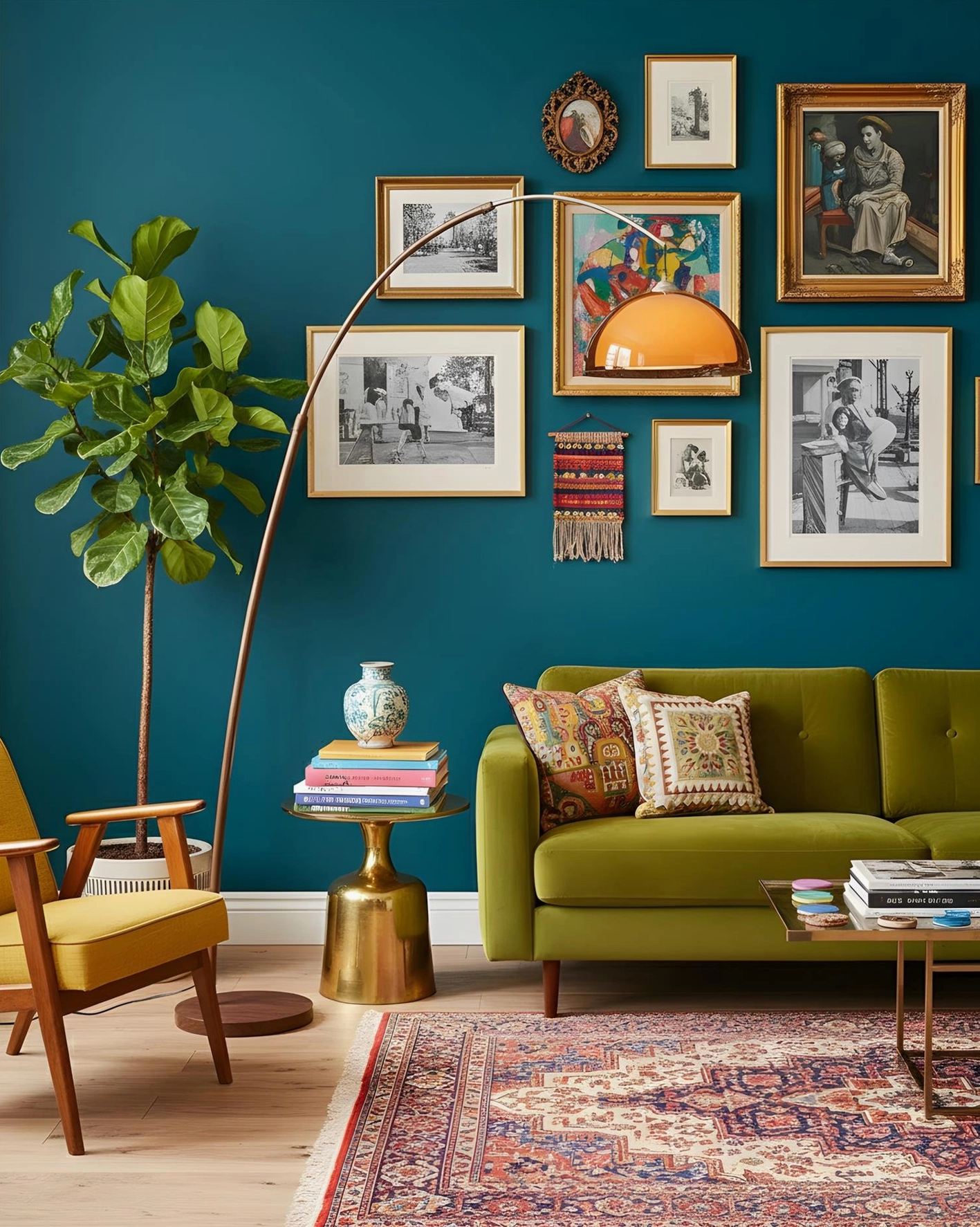 Ventoro arc floor lamp low-angle view in mid-century modern living room with green sofa and photo gallery wall, dark brown frame