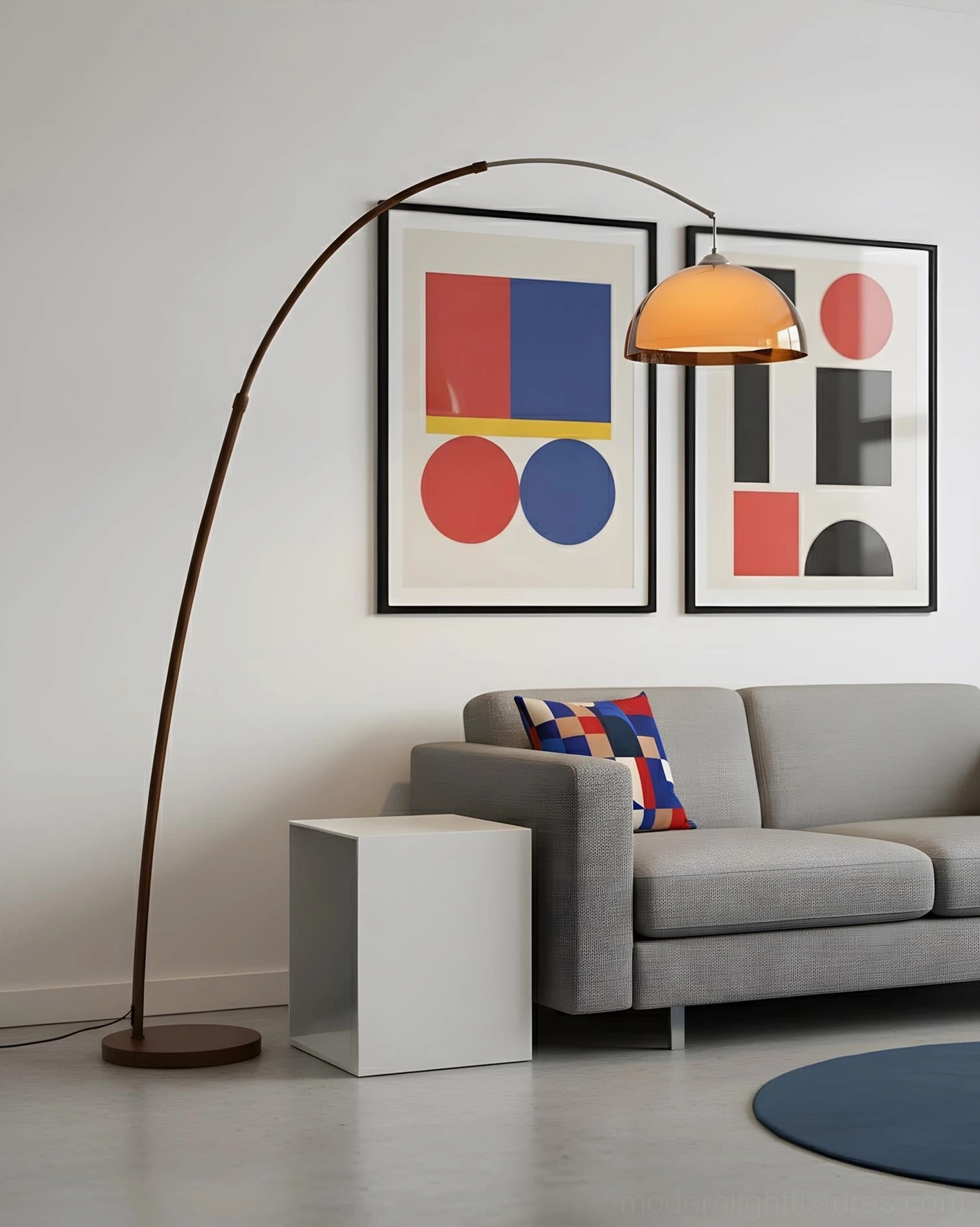 Ventoro arc floor lamp in minimalist modern living room with gray sofa and neutral decor, elegant sculptural design