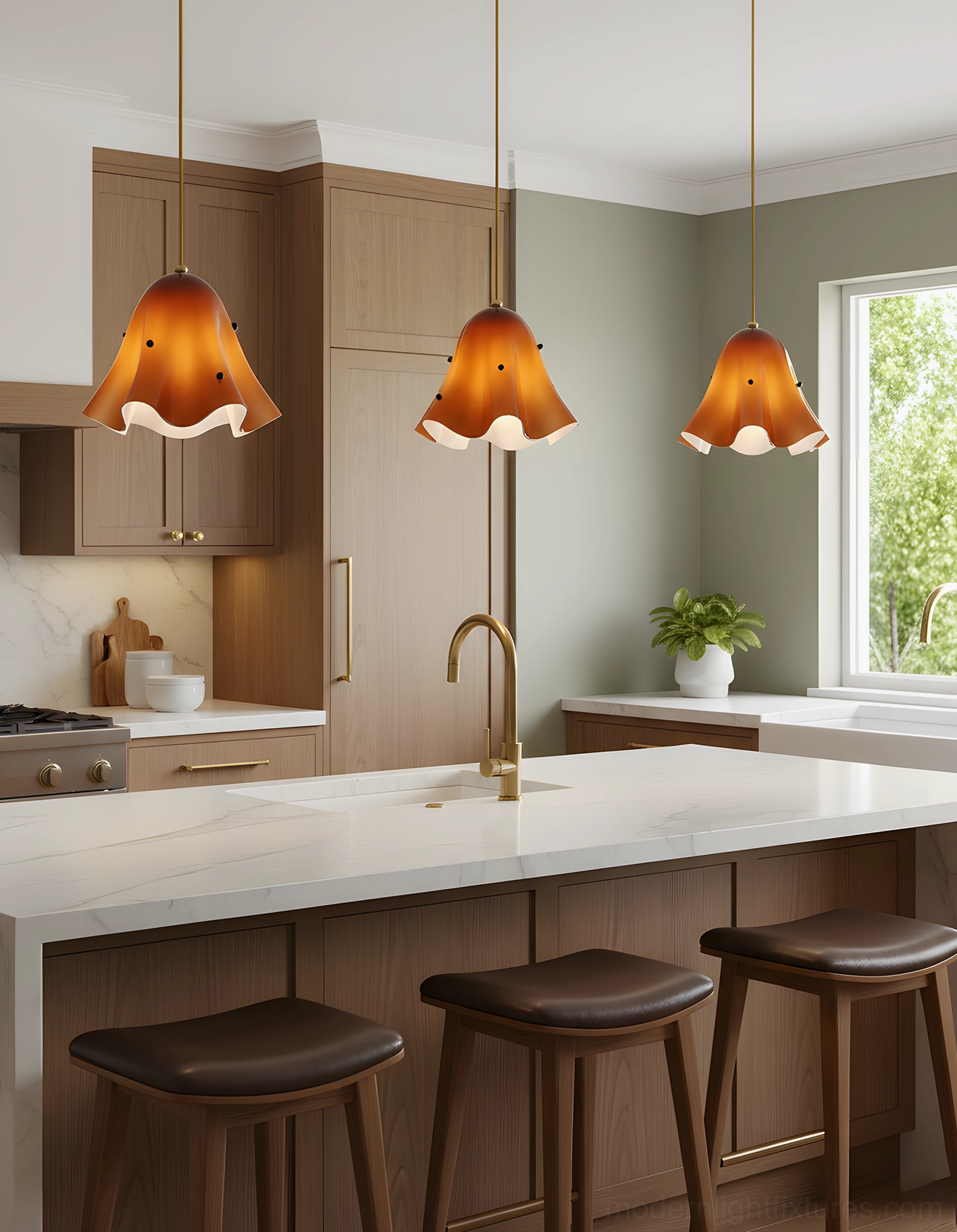 Three amber gradient Vera glass pendant lights in contemporary kitchen space with neutral warm decor