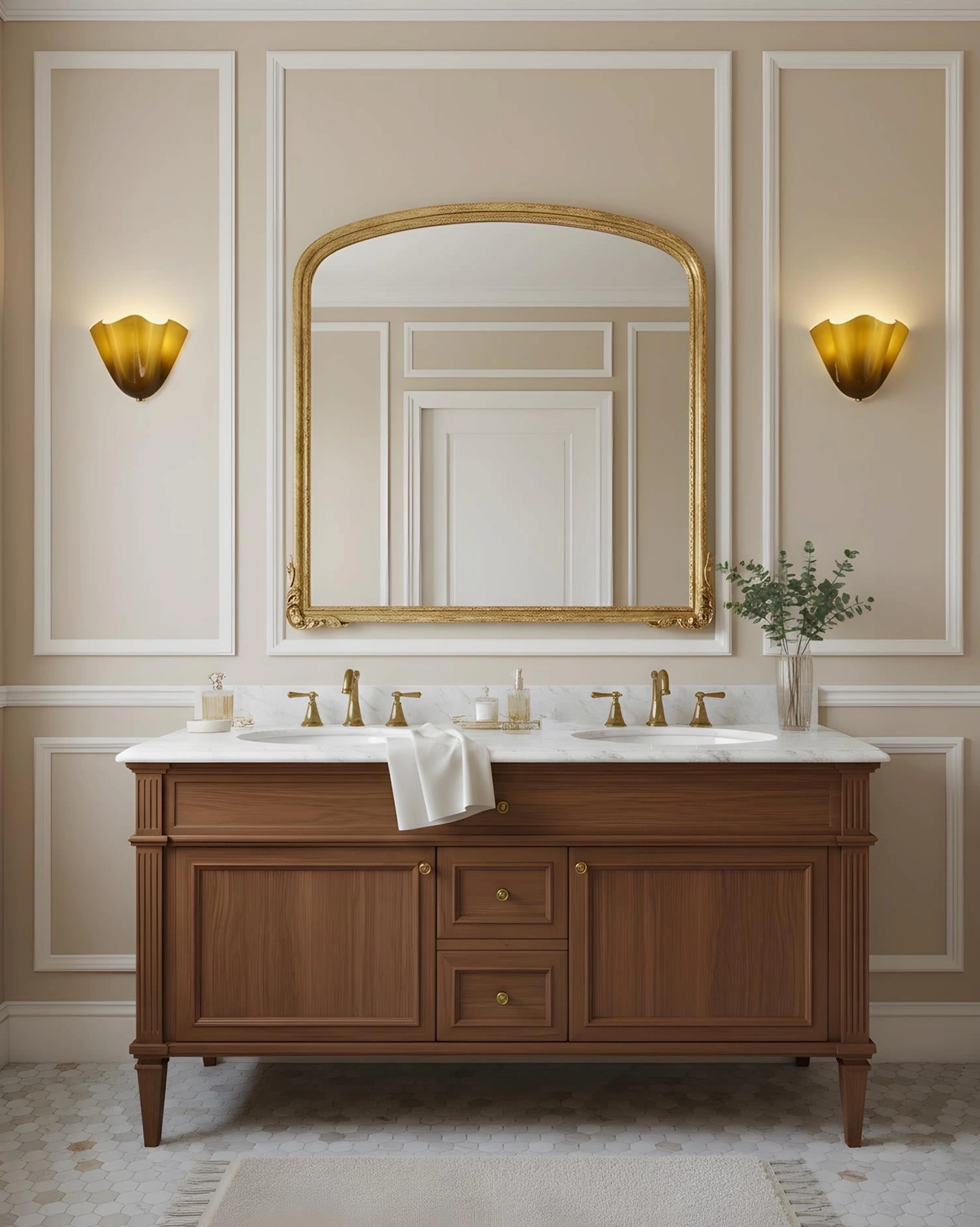 Twin Vera amber glass wall sconces mounted on either side of double vanity in traditional neoclassical bathroom
