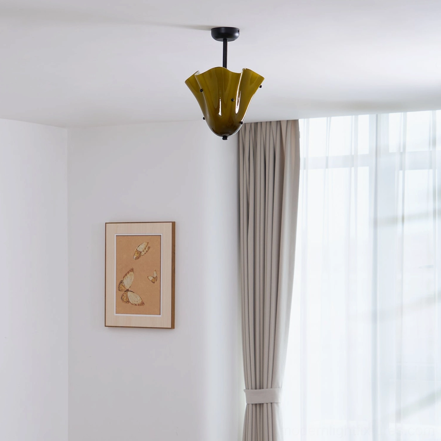 Contemporary vera glass ceiling light with ruffled bell shade and minimalist metal canopy