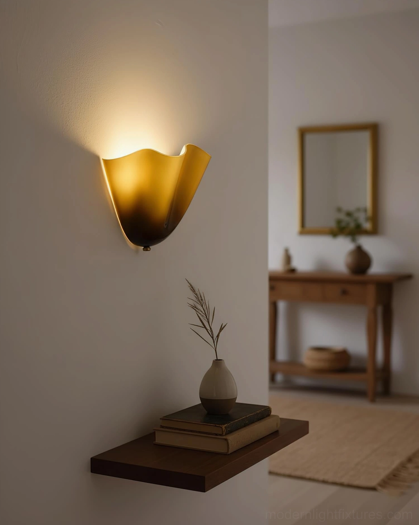 Vera hand-blown glass wall sconce full product profile showing sculptural form and brass hardware