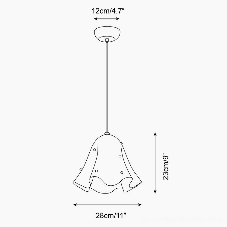 Vera glass pendant light technical blueprint with standard size markings and sculptural shade details