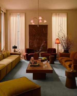 Modern lily flower chandelier in warm vintage living room suspended above coffee table