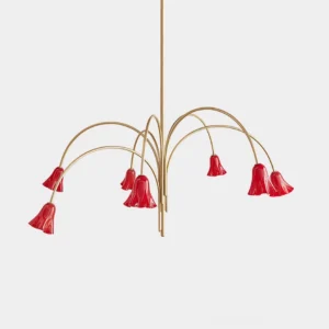 Vera lily flower chandelier with red glass shades and gold metal arms - front studio view