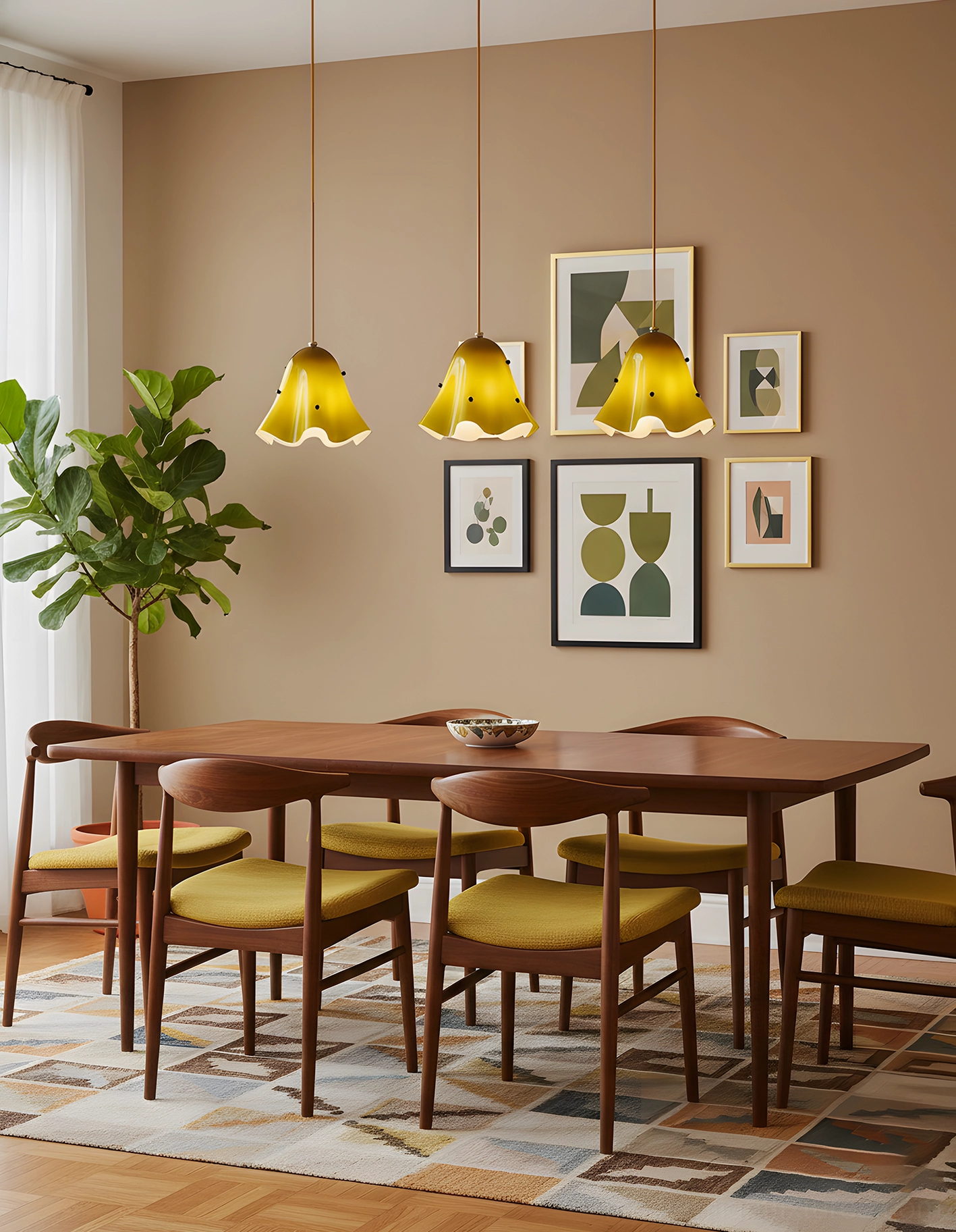 Multicolor ruffled Vera pendant lamps in modern dining room with yellow and amber gradient glass shades