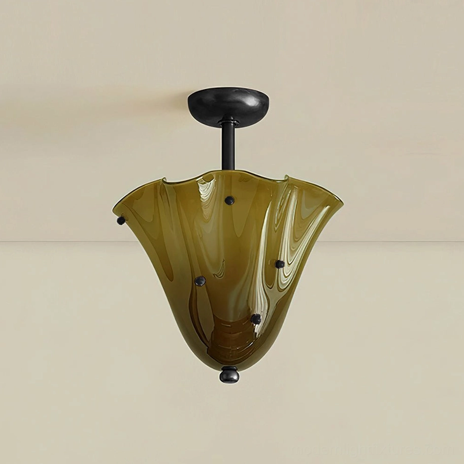 Olive green ruffled glass ceiling light with black metal components and decorative studs