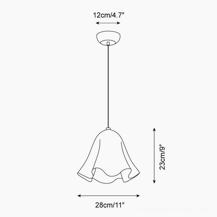 Vera pendant light technical orthographic schematic drawing showing size measurements and ruffled shade outline