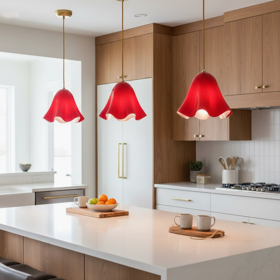 Three red Vera flower pendant lights hanging over modern wooden kitchen island with warm ambient lighting