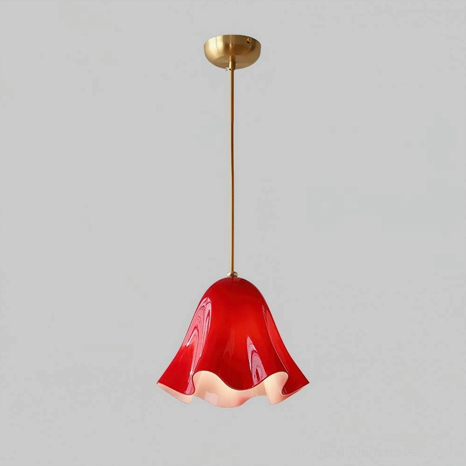 Vera red glass pendant light without beads showing smooth ruffled shade design
