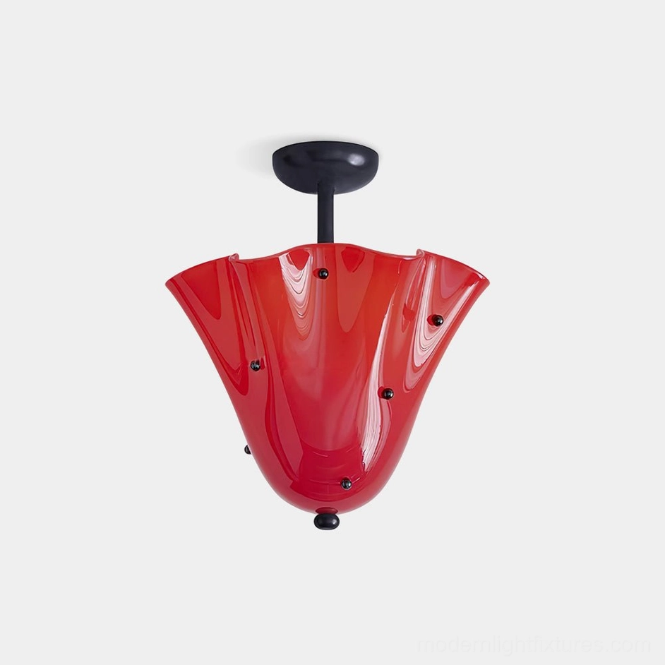 Vera modern glass ceiling light with red ruffled bell shade and black metal studs, front studio view
