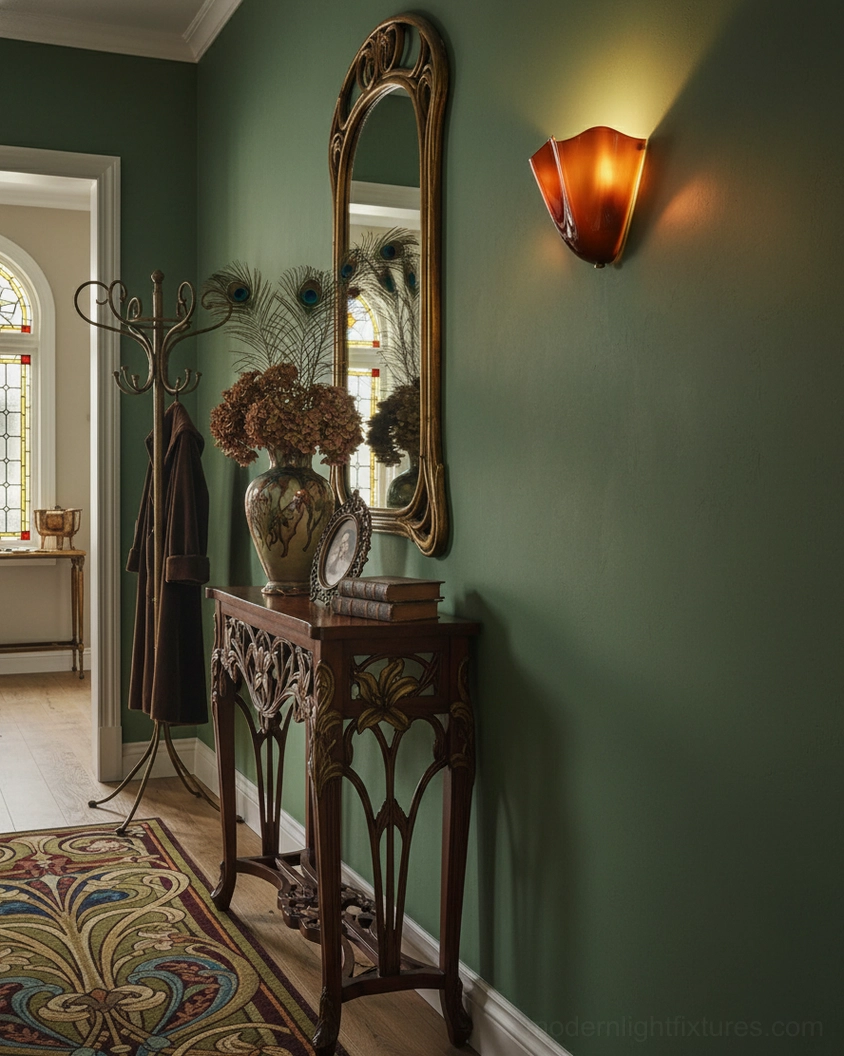 Single Vera wall sconce as accent lighting in eclectic contemporary interior with mixed material palette