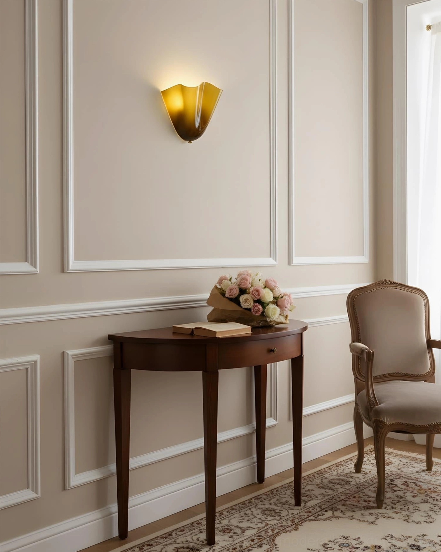 Single Vera amber glass wall sconce mounted at eye level on entryway console with formal architectural styling