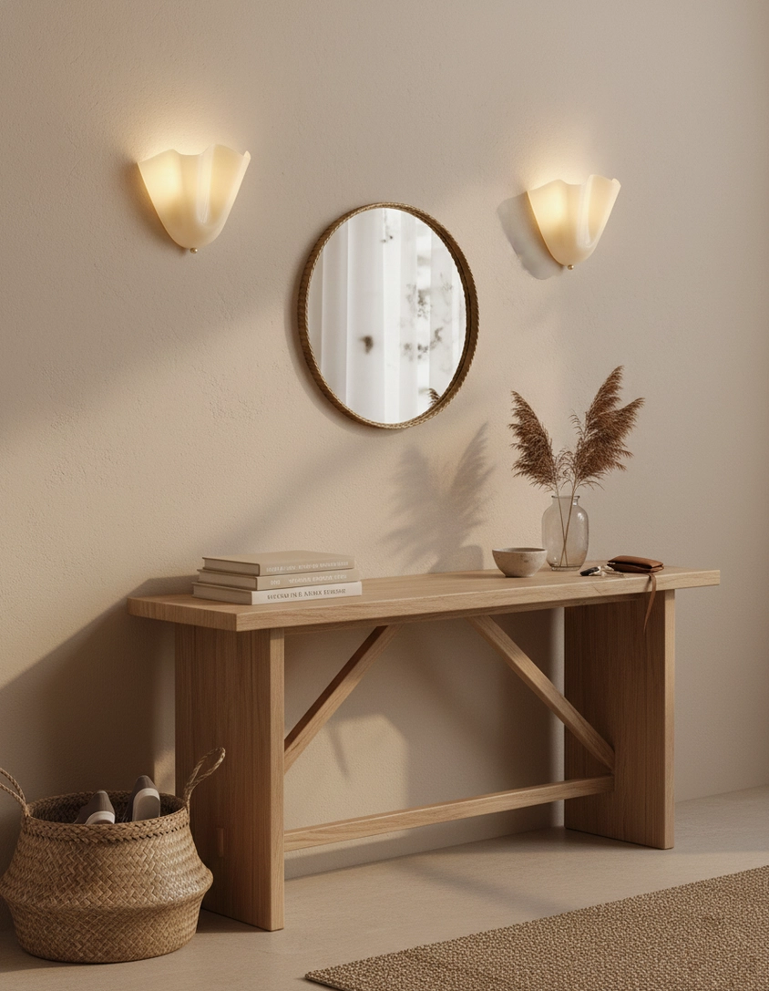 Pair of Vera beige white glass wall sconces flanking mirror in farmhouse style entryway with brass hardware
