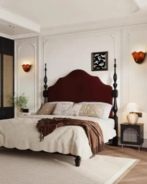 Pair of Vera wall sconces flanking bedside in luxury traditional neoclassical bedroom with ambient lighting