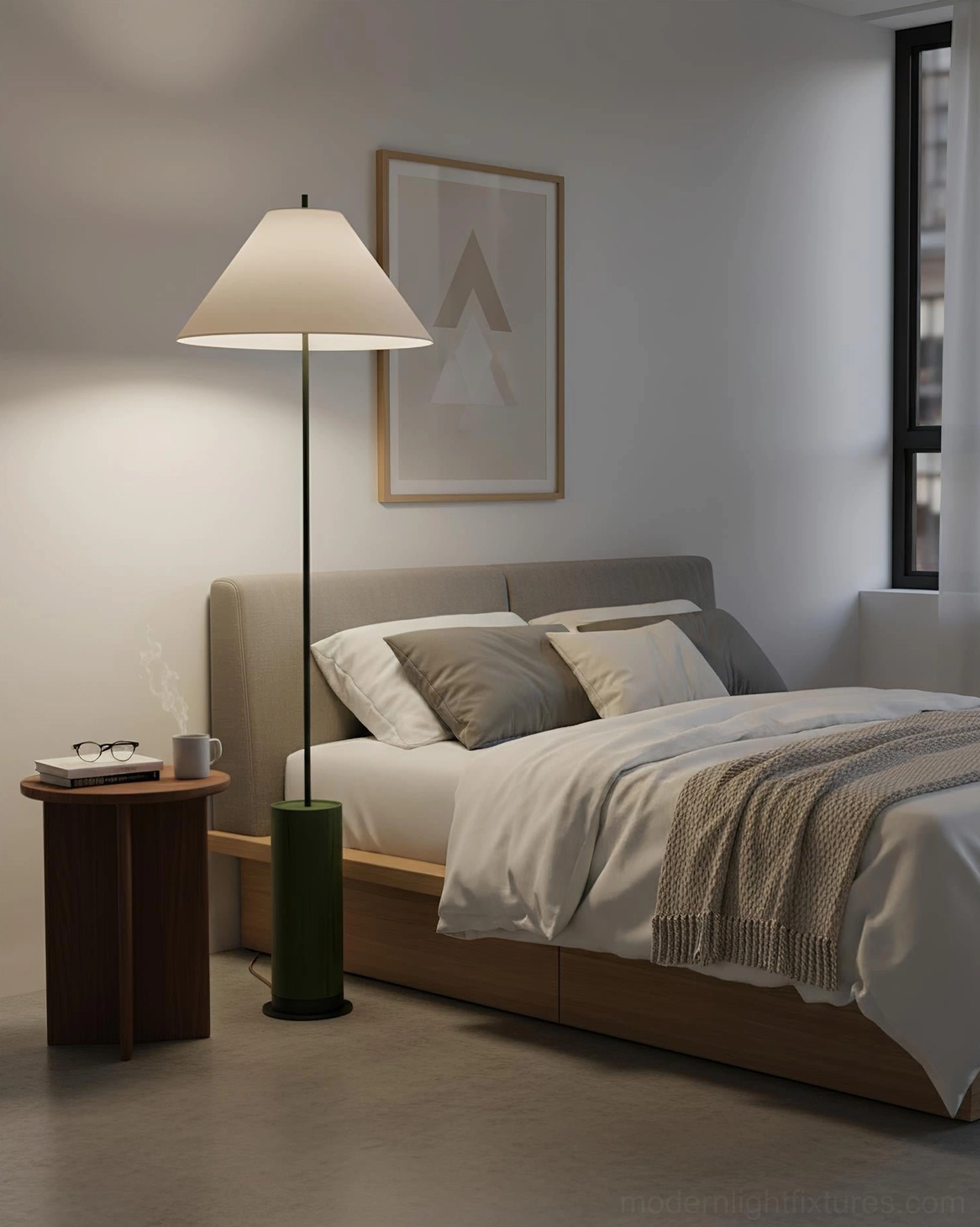Verdant wooden base floor lamp cozy master bedroom corner soft ambient light