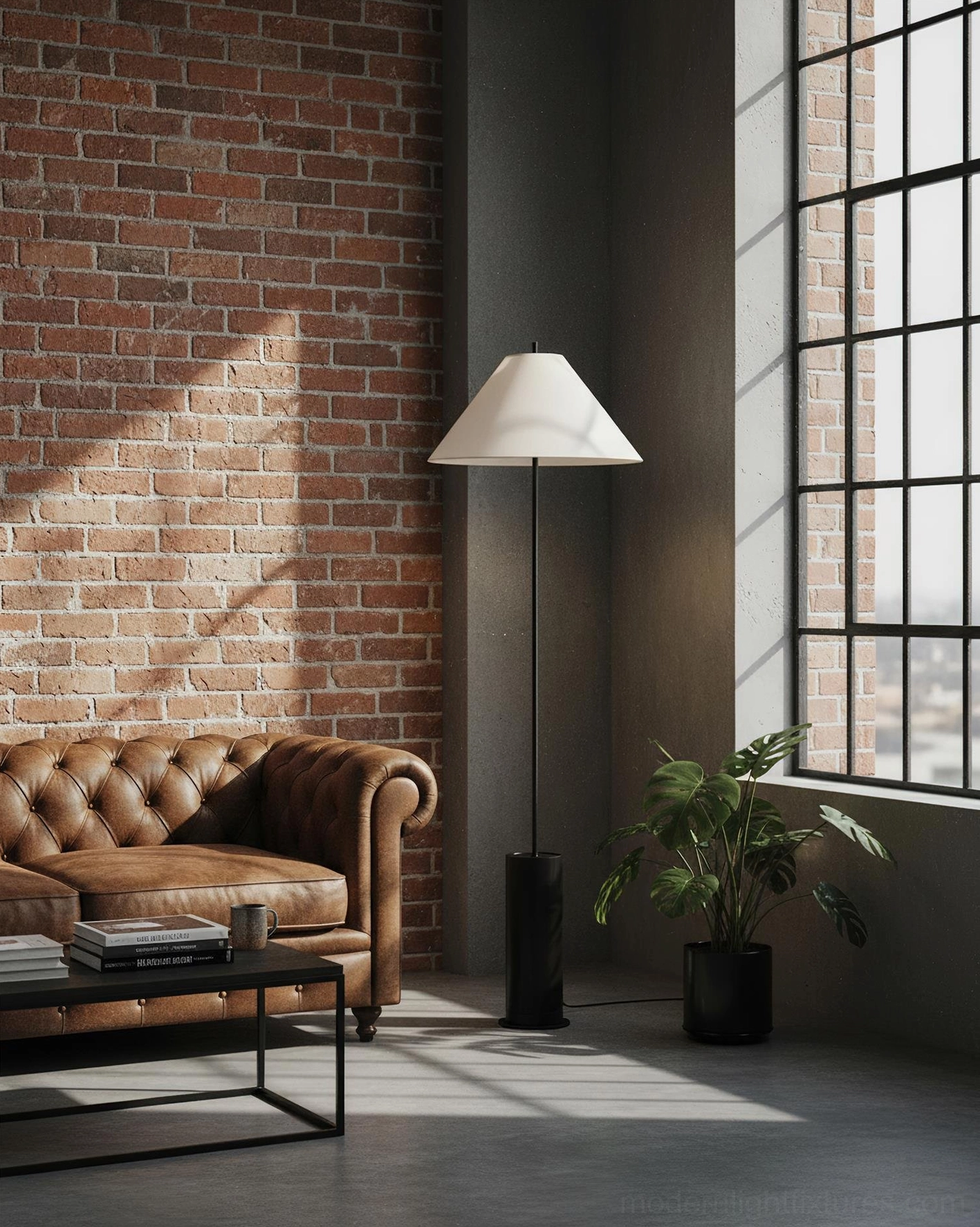 Black modern floor lamp in brick wall corner room mid-century style home