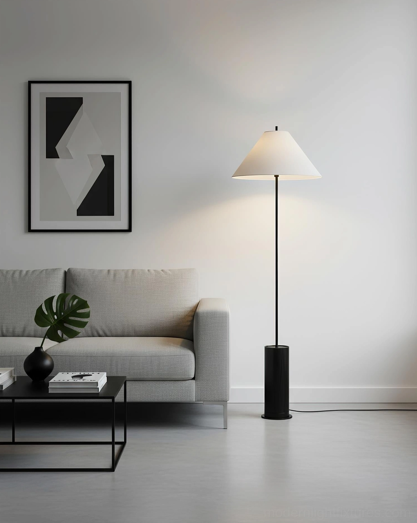 Matte black Verdant floor lamp with thin metal pole in modern living room interior
