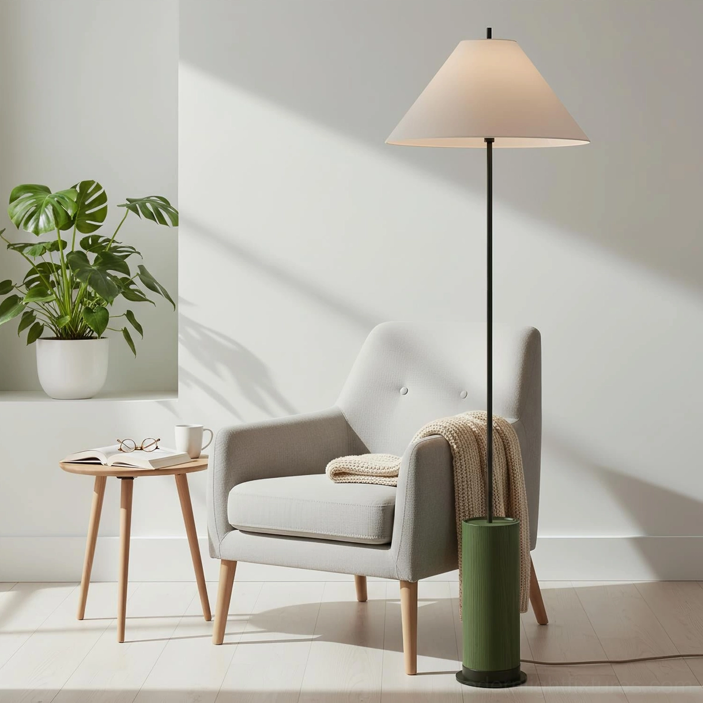 Modern minimalist floor lamp with conical fabric shade architectural design detail