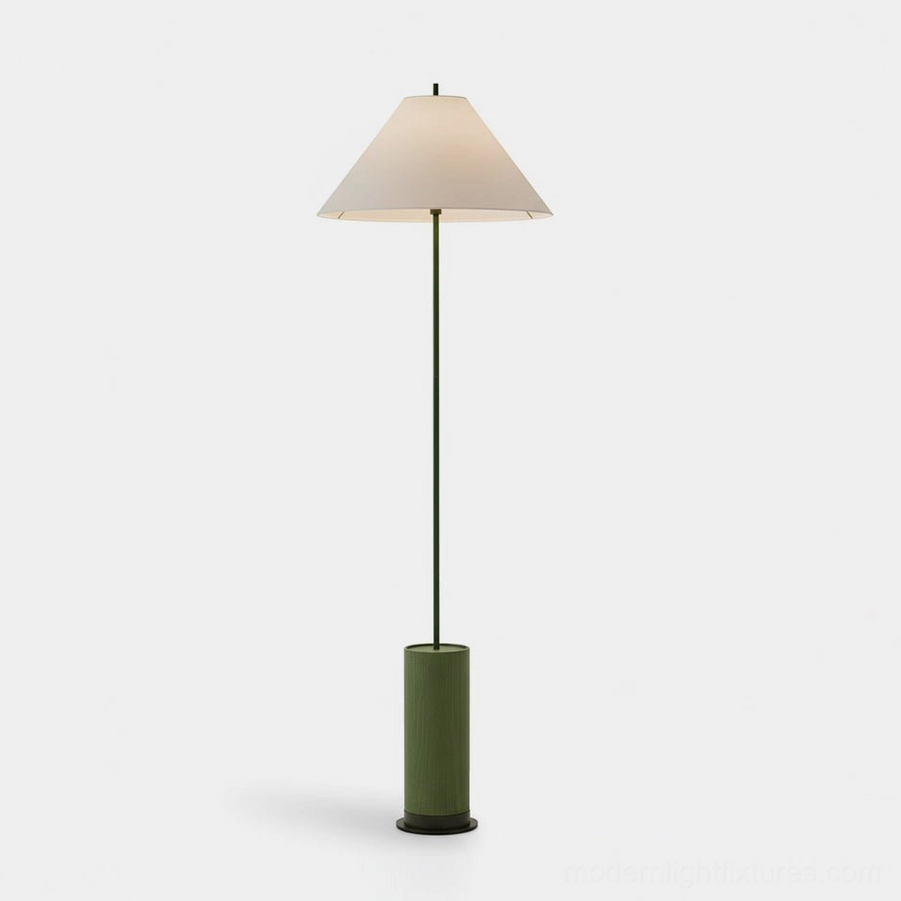 Verdant modern floor lamp with olive green wooden base and off-white conical fabric shade front view