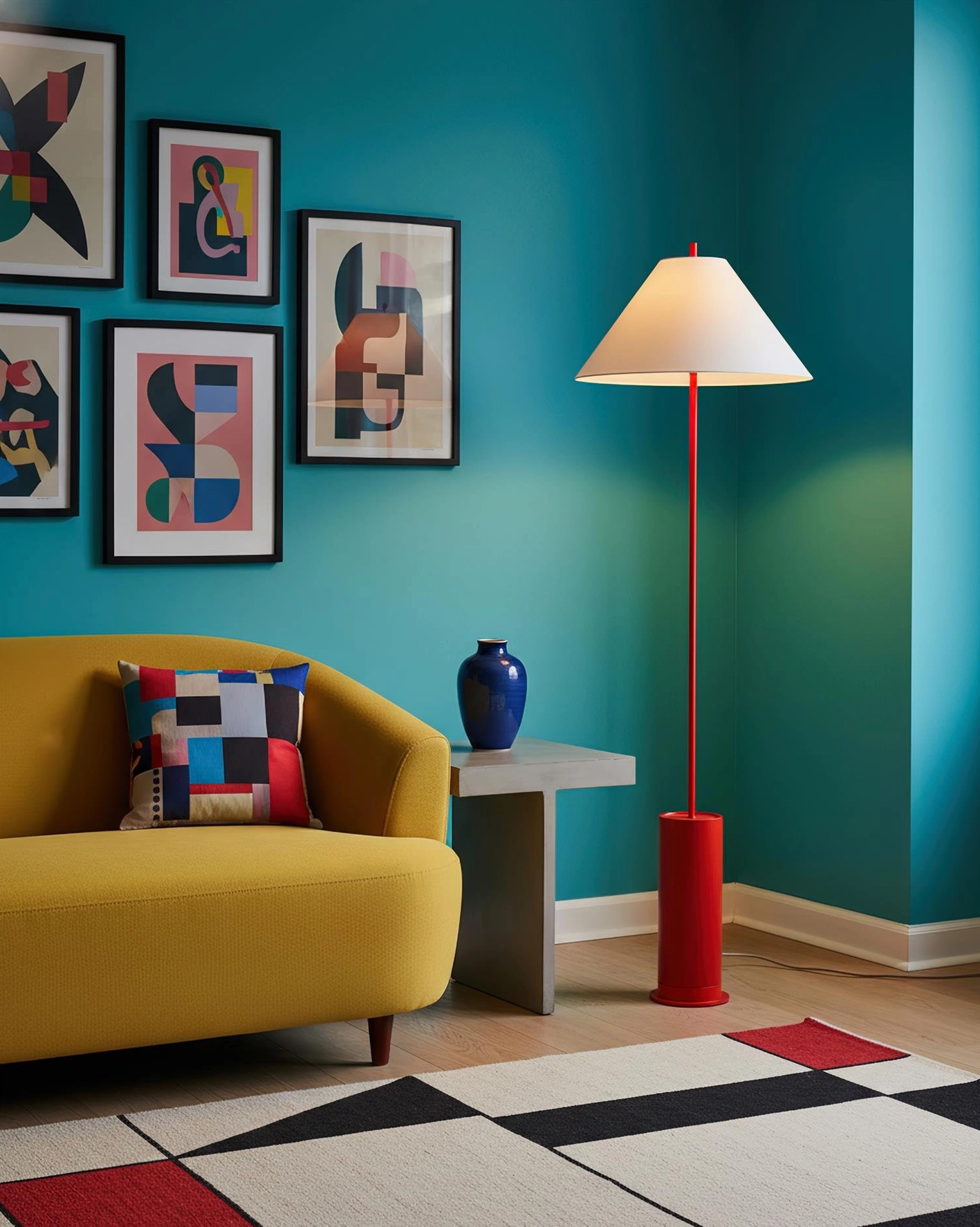Red base Verdant contemporary floor lamp in vibrant modern living space