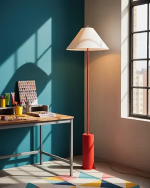 Red and white Verdant minimalist floor lamp in home office setting with desk and workspace